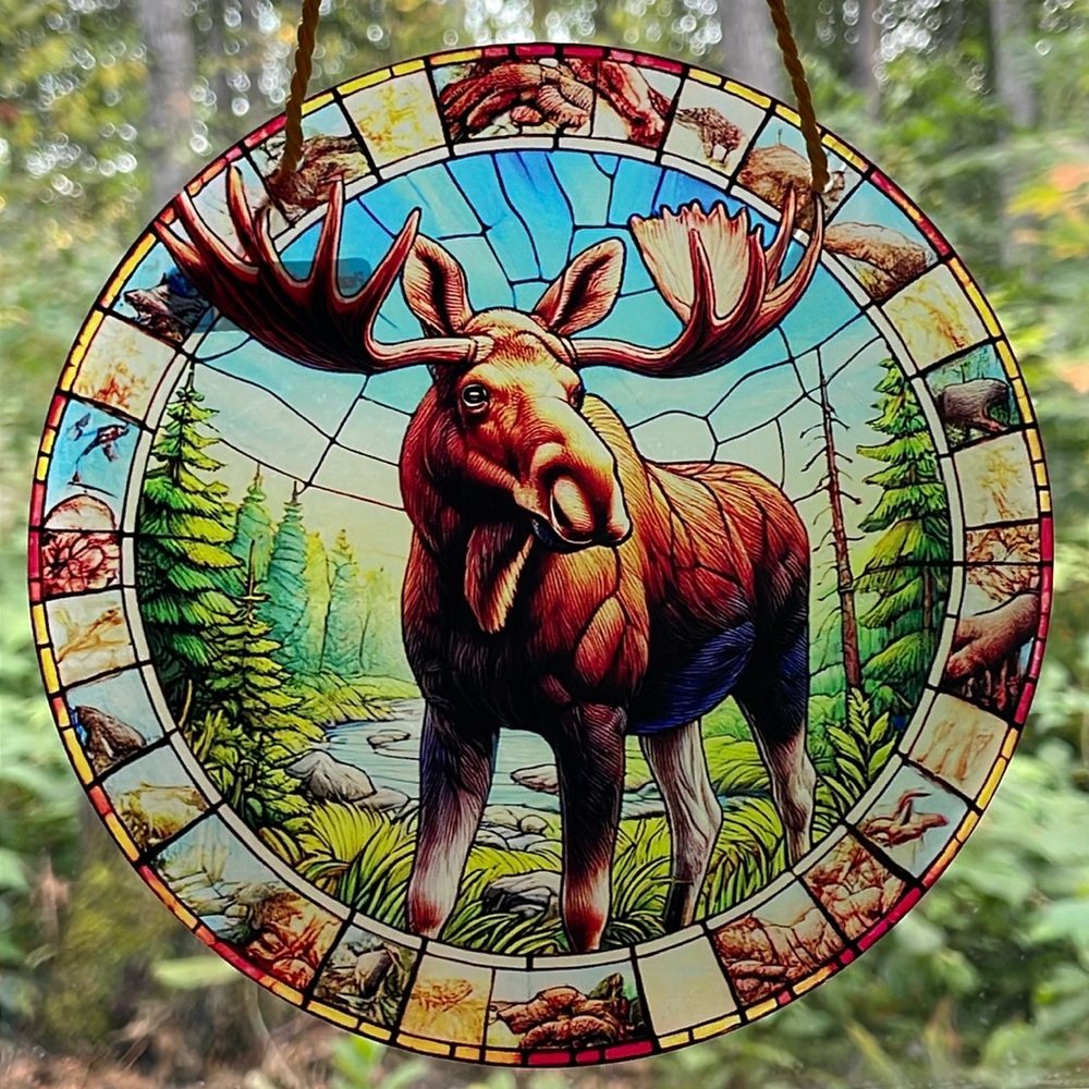 Suncatcher Moose Wildlife Cabin Decor Acrylic Home Decorative Faux Stained Glass